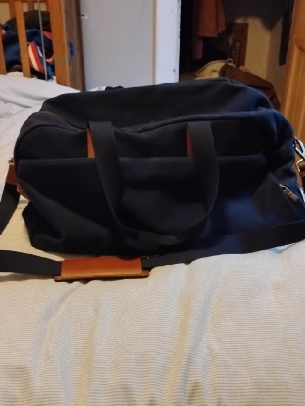 Away Canvas Duffel Monogram SIS, Navy And Tan